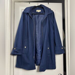 Michael Kors Navy Blue Wool Blend Hooded Coat Gold Hardware 1X